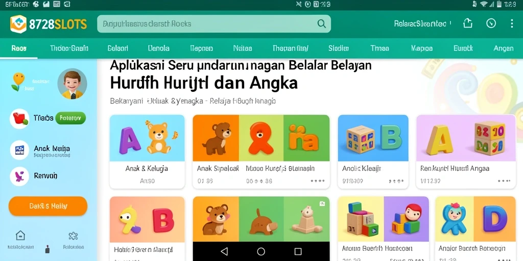 Antarmuka ceria dan interaktif dari 8728SLOTS untuk belajar huruf dan angka.