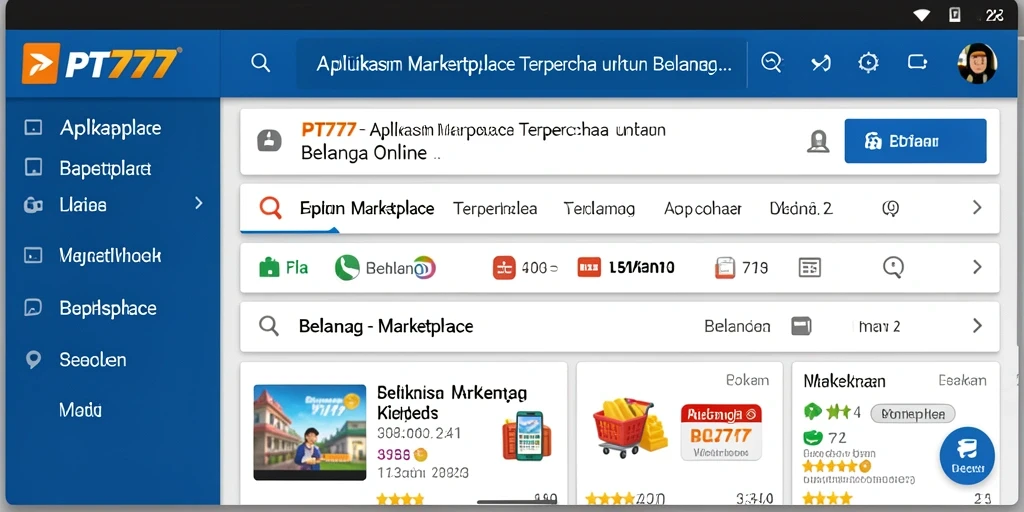 Tampilan antarmuka aplikasi PT777 dengan berbagai produk Marketplace.